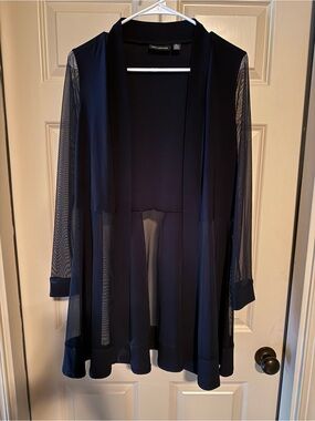 Nina Leonard Navy Sheer Sleeve Open Front Cardigan